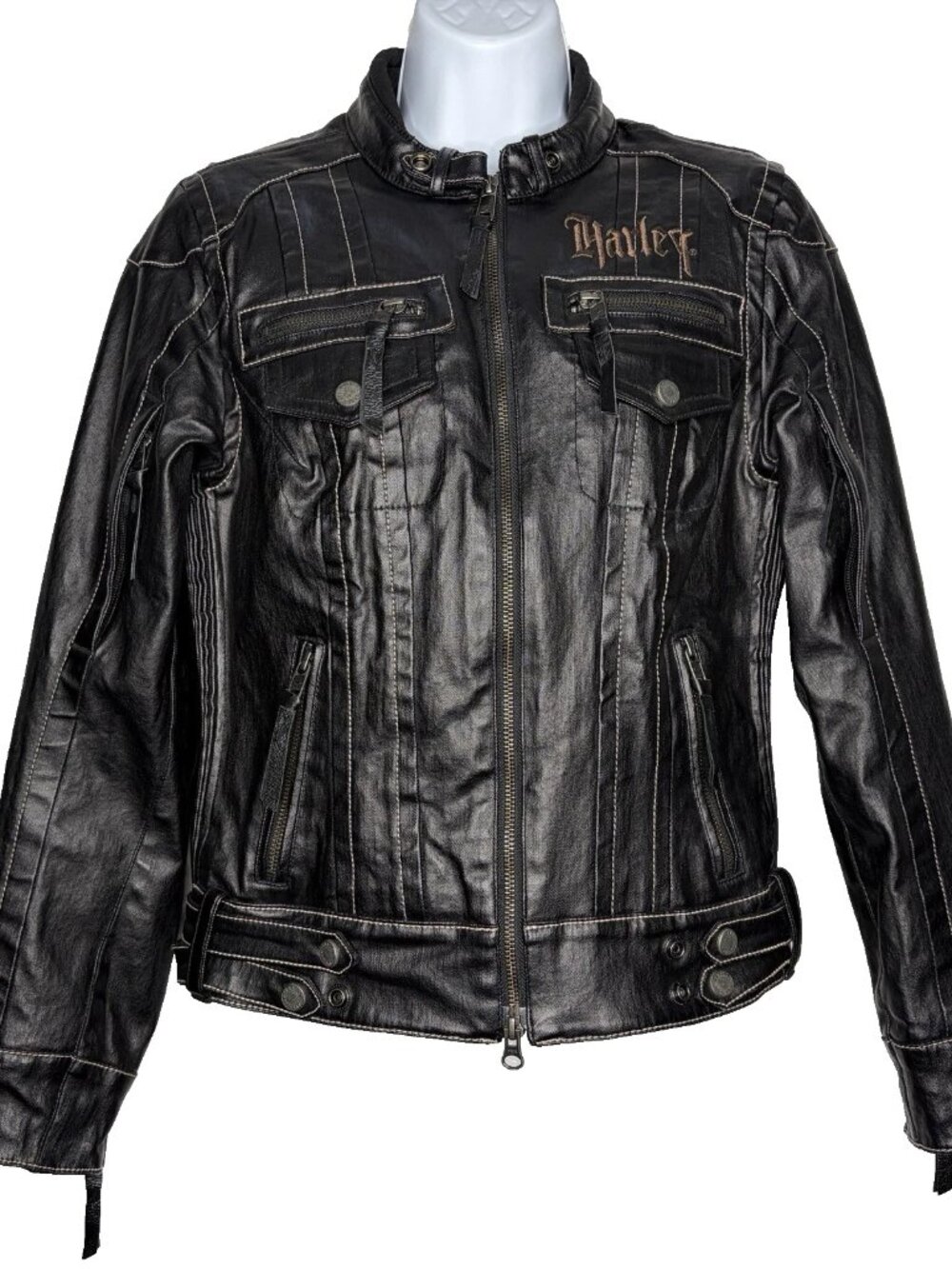 Harley Davidson Motorcycle Riding Jacket Size S Black Coated Denim Zippers Vents